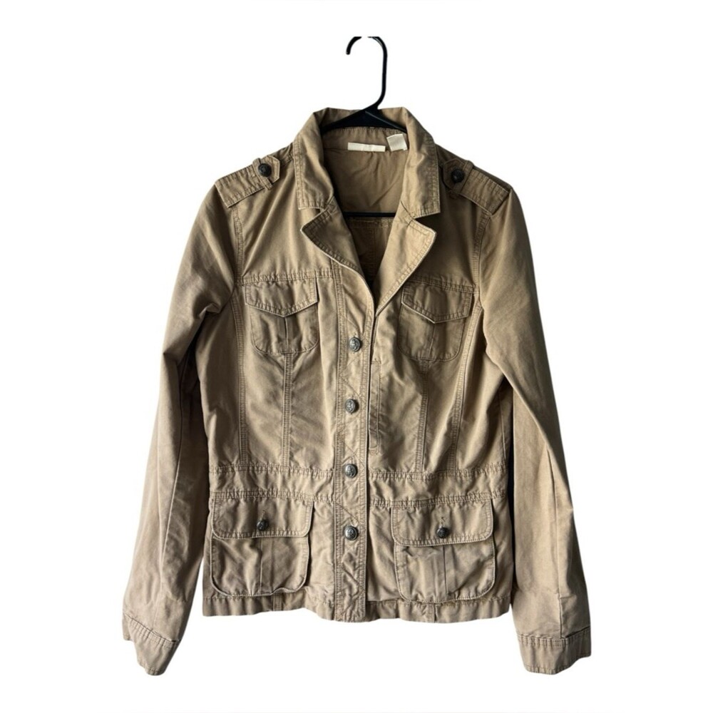 DKNY Jeans Utility Jacket Tan Cotton Military Style Button Front Women XL - Picture 2 of 8